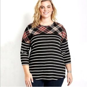 Plus 0X,3X Plaid Stripe Blocked Football Top